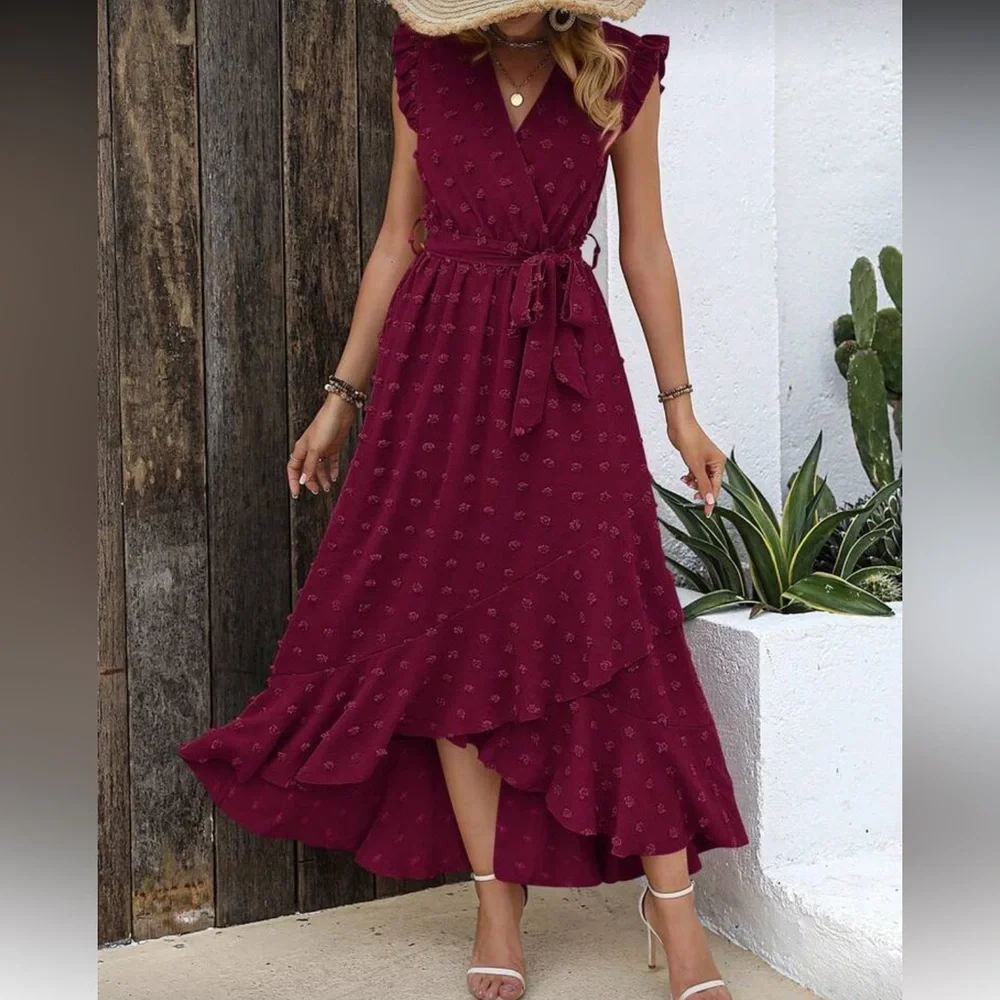 Elegant Burgundy High-Low Midi Dress with Tie Waist